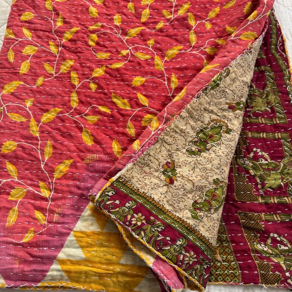 Vintage Kantha Quilt Throw Blanket 54” x 86” | Double Sided | Soft Cotton - Picture 8 of 10